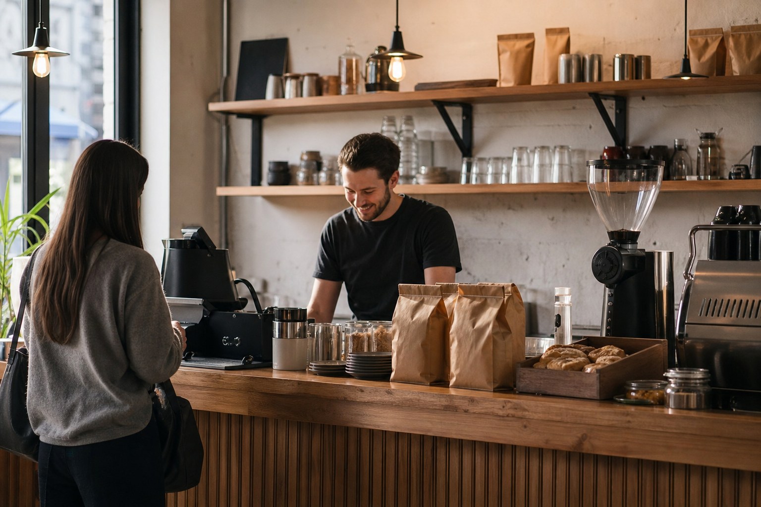 Suasana kedai kopi kecil dengan kemasan sederhana yang menonjolkan karakter khas brand