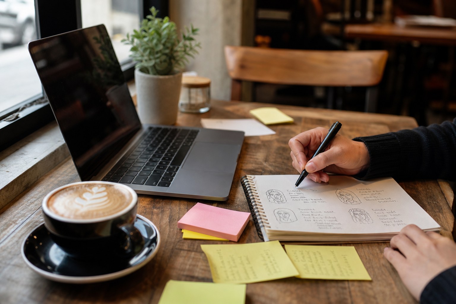 Meja kerja dengan laptop, kopi, dan catatan profil pelanggan untuk menggambarkan proses menyusun target market dan buyer persona dalam branding